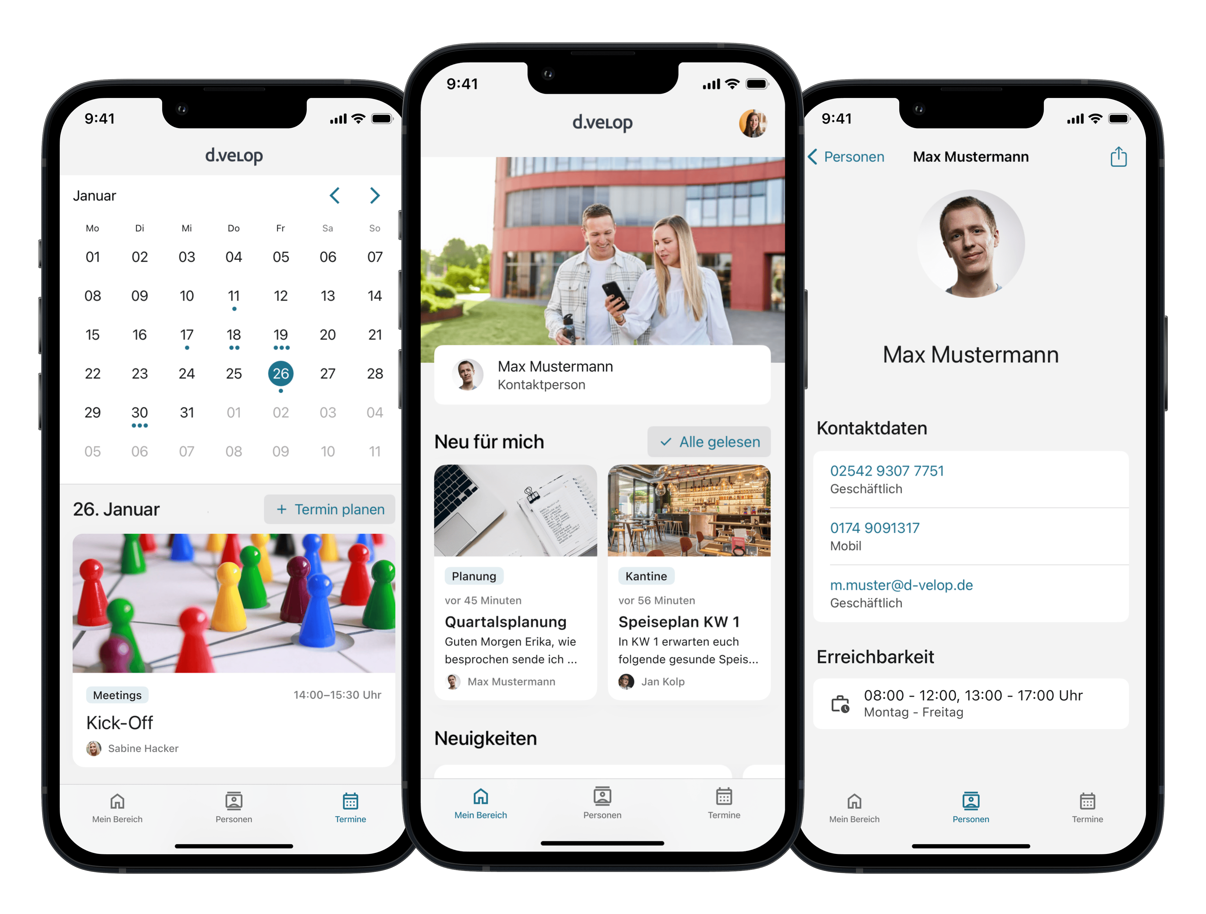 d.velop Unternehmens-App mit verschiedenen Funktionen (v.l.n.r: Menü-Übersicht, Dokumente, Urlaubsantrag, Chat-Funktion)