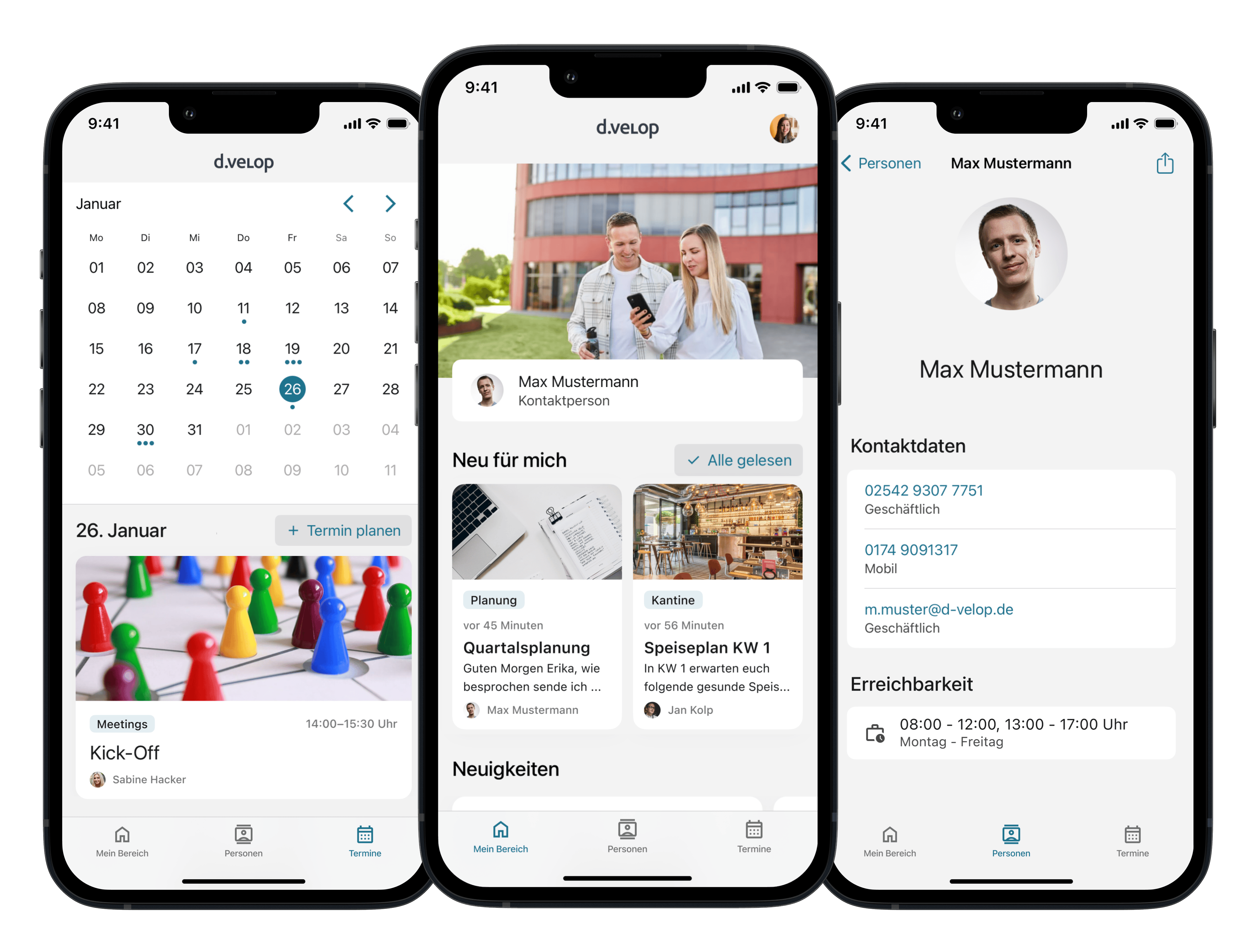 d.velop Unternehmens-App mit verschiedenen Funktionen (v.l.n.r: Menü-Übersicht, Dokumente, Urlaubsantrag, Chat-Funktion) 