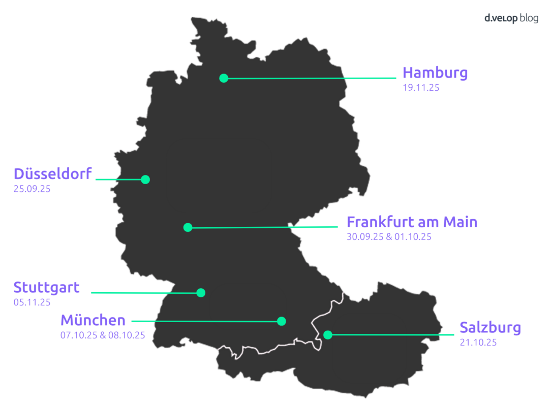 Karte der d.velop Discovery Tour 2025 mit Tourstationen in Düsseldorf, Frankfurt am Main, München, Stuttgart und Hamburg– inklusive Veranstaltungsdaten