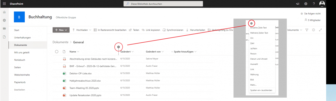 Screenshot Sharepoint Metadaten Erstellung von Spalten