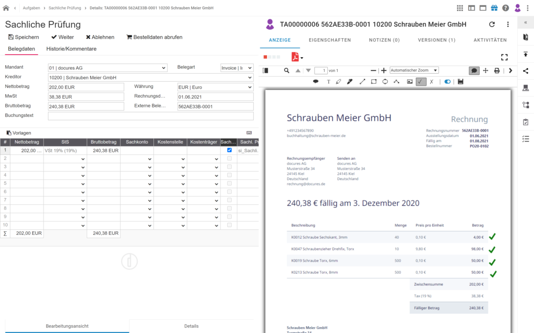 Sachliche Prüfung in d.velop invoices