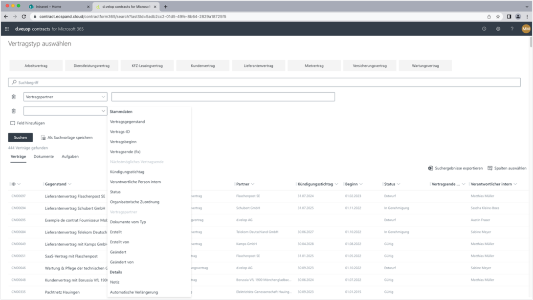 Screenshot der erweiterten Suche in einer Contract Management Software: Filter für Vertragsarten, Stammdaten, Vertragsstatus, Partner, Fristen und Kündigungsdaten sowie Übersicht aller gefundenen Verträge in einer Tabelle.