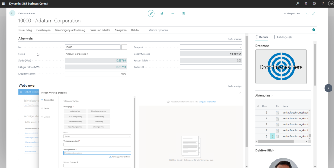Screenshot Vertragserstellung in Business Central