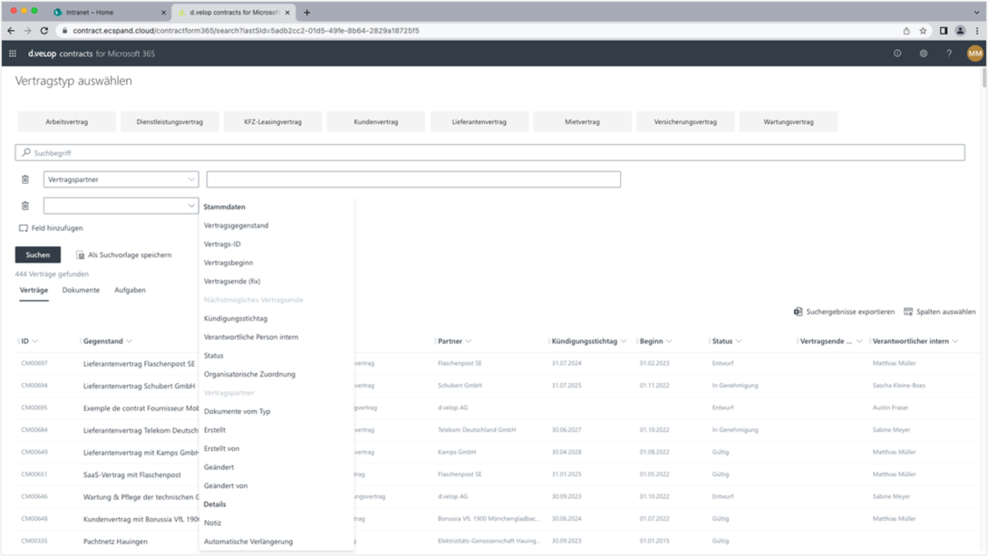 Ansicht Erweiterte Suche in d.velop contracts for Microsoft 365