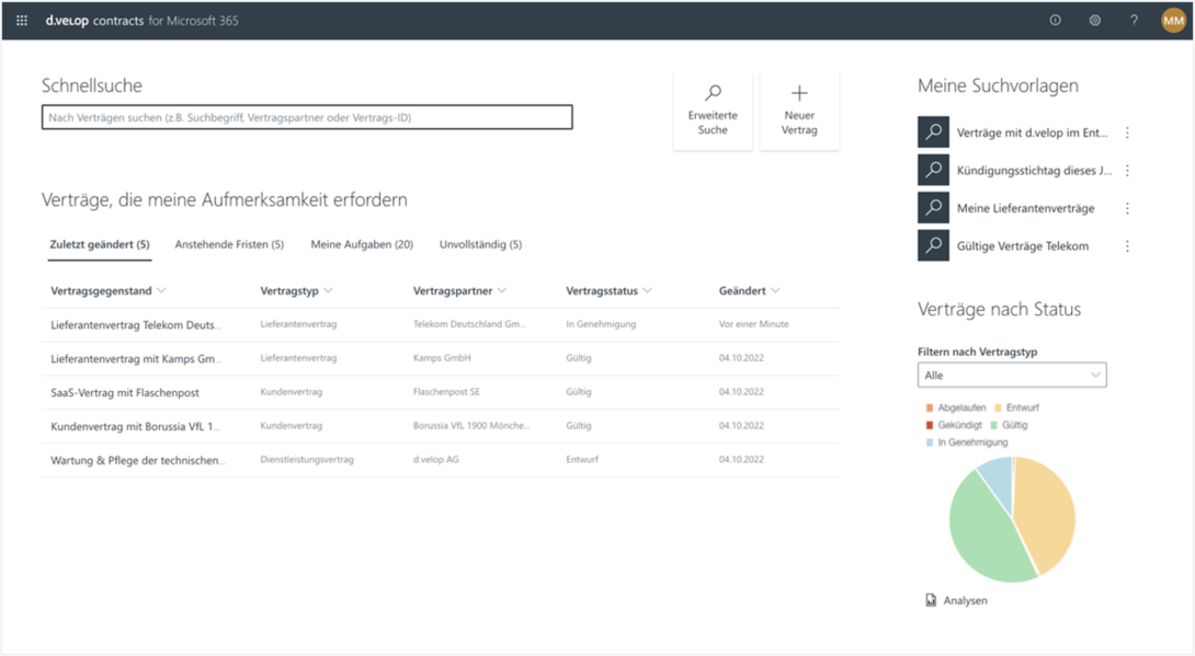 Beispielhafte Ansicht einer Benutzeroberfläche im digitalen Vertragsmanagement