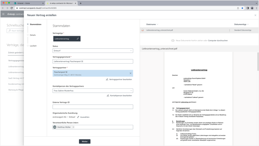 Ansicht Vertragserstellung in d.velop contracts for Microsoft 365