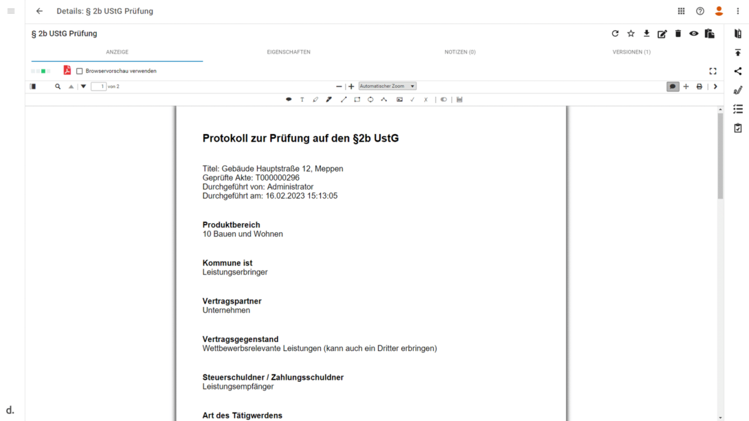 Screenshot zeigt Detailergebnis der 2b UStG Prüfung