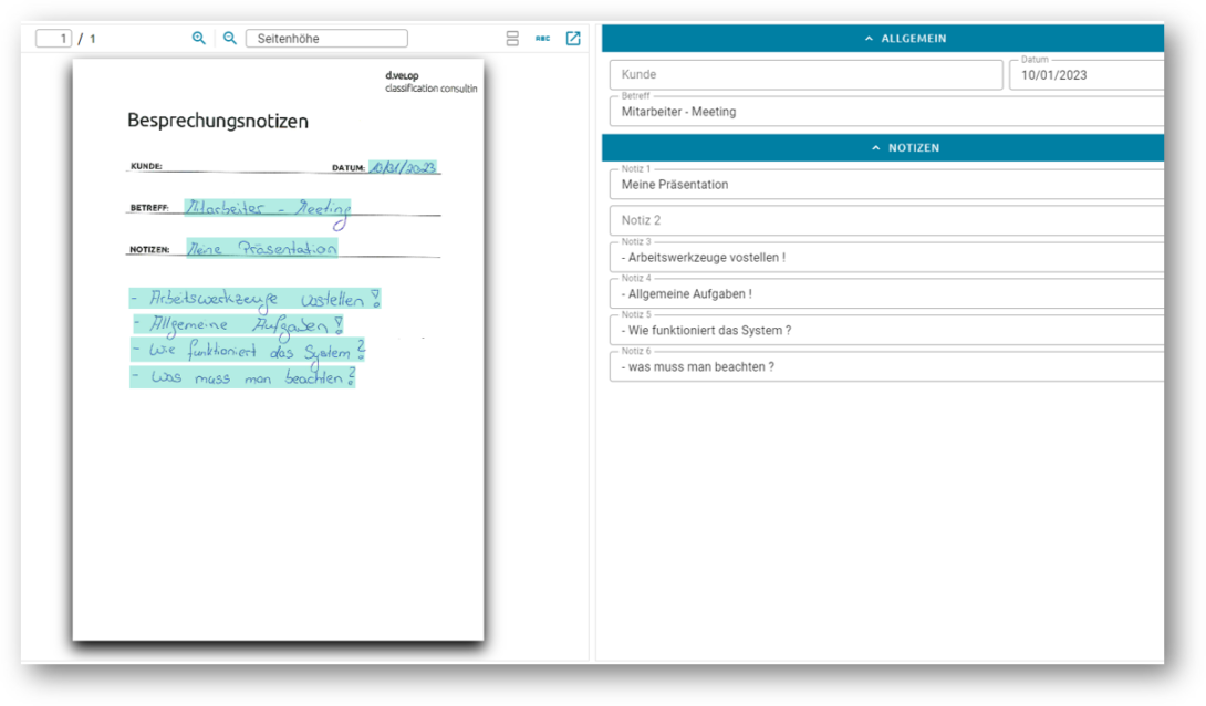 Grafik zeigt einen Screenshot der Dokumentenerfassung, die handschriftlichen Notizen erkennt