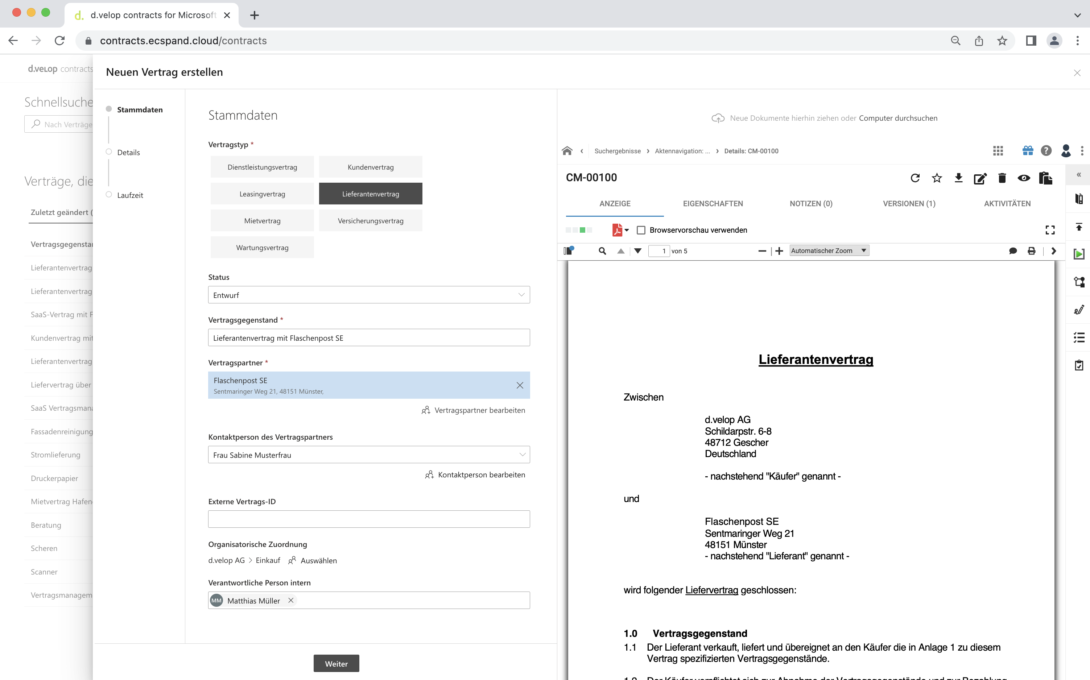 Bild zeigt Screenshot des Vertrags-Anlage-Assistent in d.velop contracts