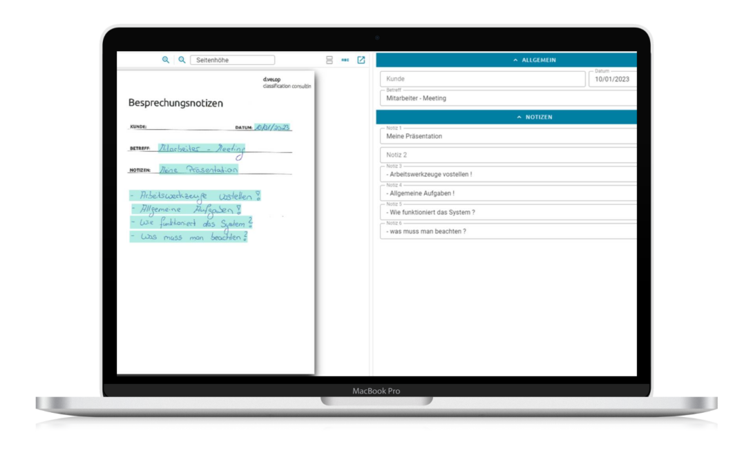 Screenshot zeigt die Handschrifterkennung im d.velop document reader