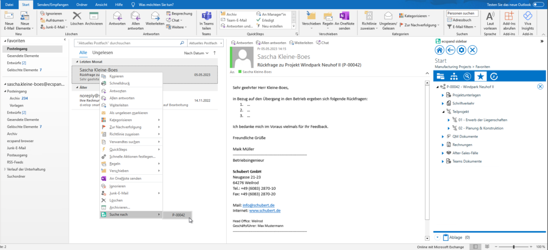 Screenshot zeigt Integration in Outlook
