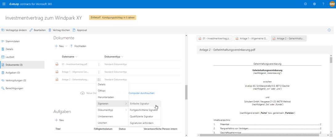 Screenshot zeigt d.velop contracts for Microsoft 365