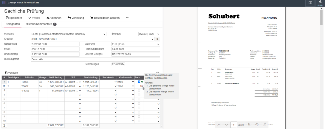 Screenshot zeigt d.velop invoices for Microsoft 365