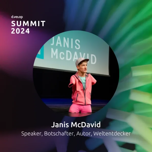 Infografik zeigt Janis McDavid als Speaker für das d.velop summit 2024