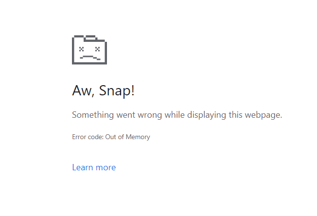 Bild zeigt Fehlermeldung im Browser beim Memory Leak