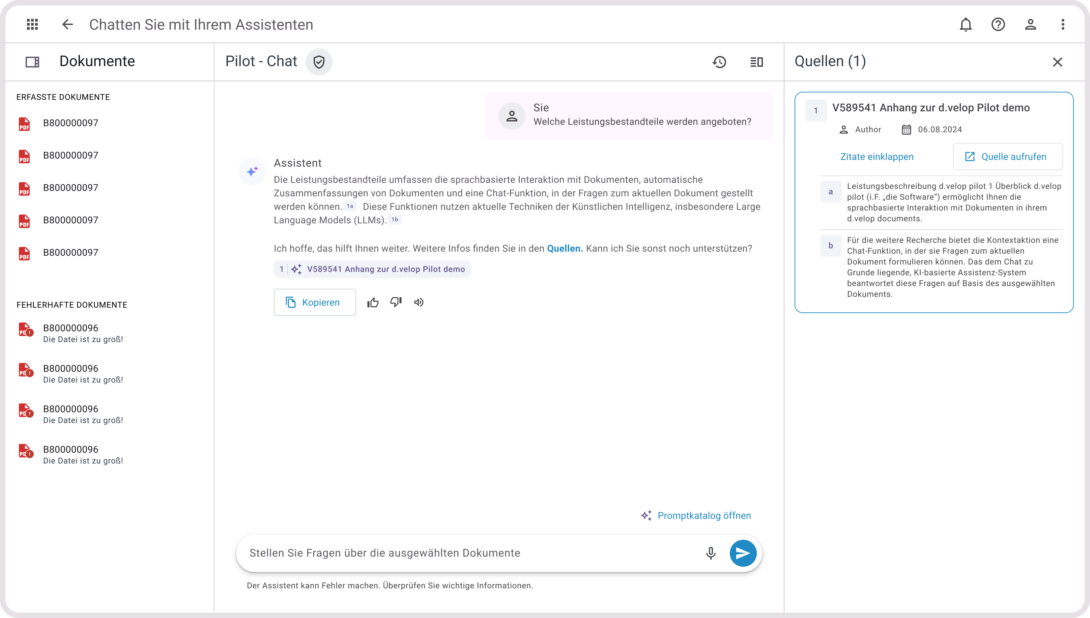 Screenshot eines digitalen Assistenzsystems mit hervorgehobenen Quellennachweisen und interaktiven Dokumentfunktionen zur KI-gestützten Analyse und Beantwortung von Nutzerfragen