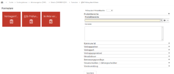 Jeder Teilbereich bietet dem/der PrüferIn, unterschiedliche Eingaben zu tätigen - unterstützt durch Auswahllisten sowie auswählbare Felder. Produktbereiche können dabei durch eine Vorschlagliste ausgewählt werden. Über Kommentarfelder in den einzelnen Teilbereichen können AnwenderInnen die vorgegebenen Informationen flexibel erweitern.