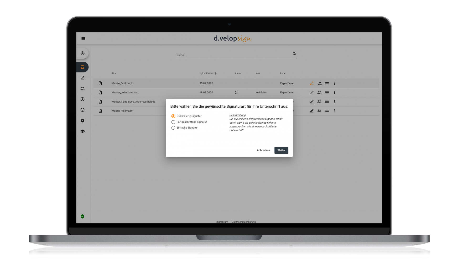 Screenshot: Auswahl der Signaturart in d.velop sign