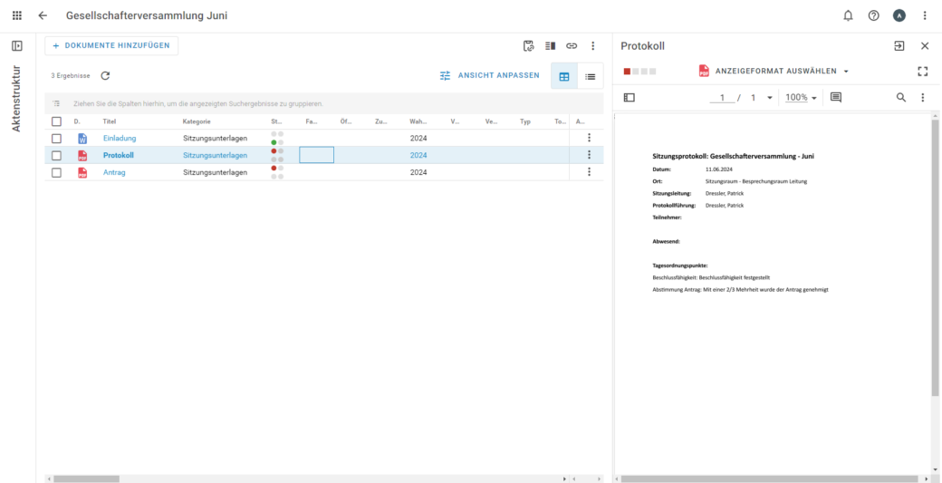 Ansicht eines Screenshots für die Aktenintegration beim Sitzungsmanagement im Dokumentenmanagement-System