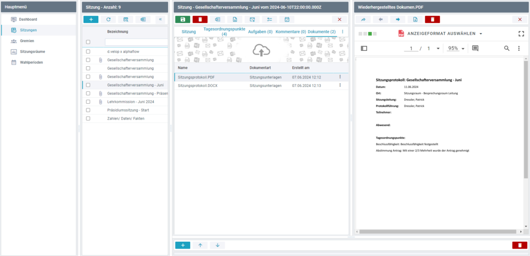 Ansicht eines Screenshots einer Dokumentenerstellung im PDF-Format "Sitzungsprotokoll" in der Sitzungsmanagement-Software