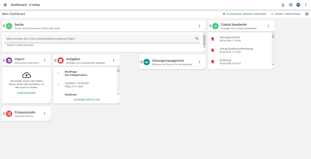 Screenshot-Ansicht der integrierten Sitzungsmanagement-Software im Dashboard des Dokumentenmanagement -Systems