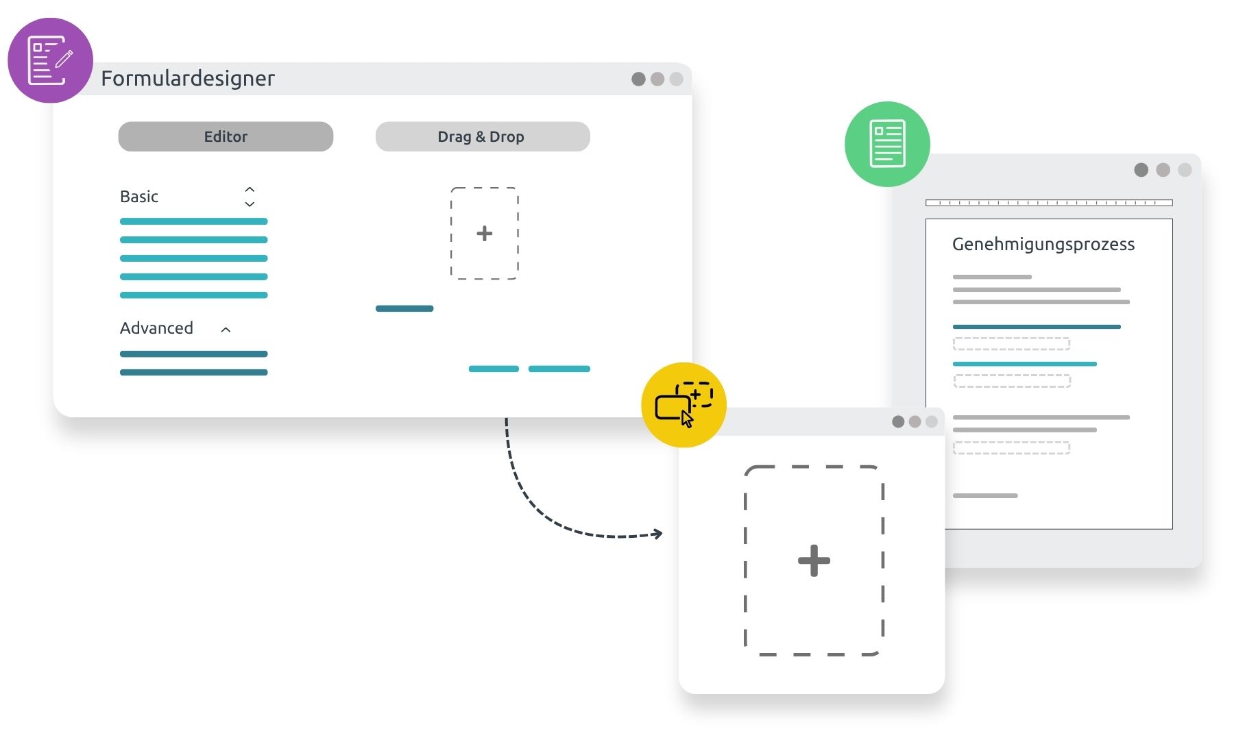 Infografik, die den Formulardesigner der d.velop Prozessmanagement Software zeigt.