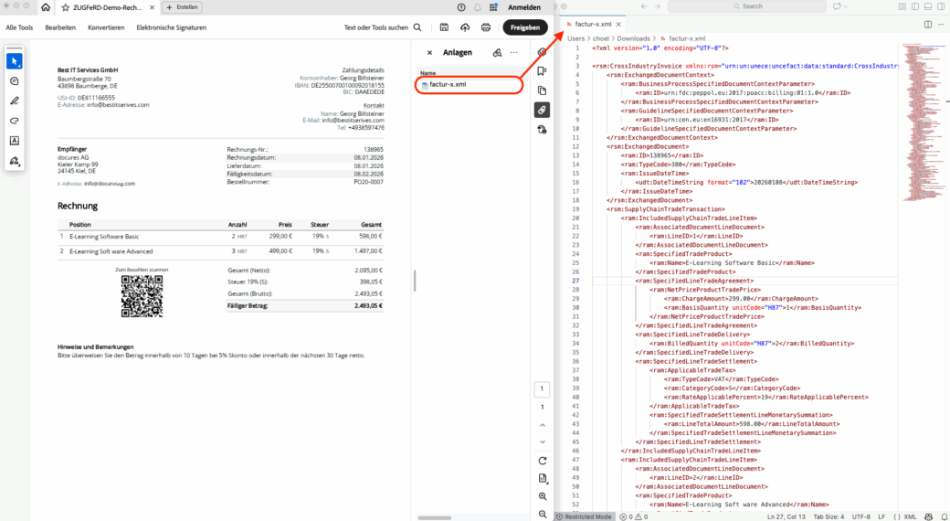 ZUGFeRD Screenshot Oberfläche mit integrierter XML-Datei