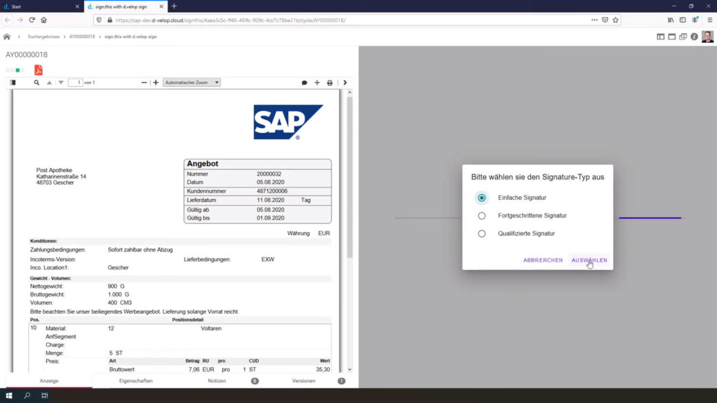 Screenshot der digitalen Signatur in SAP