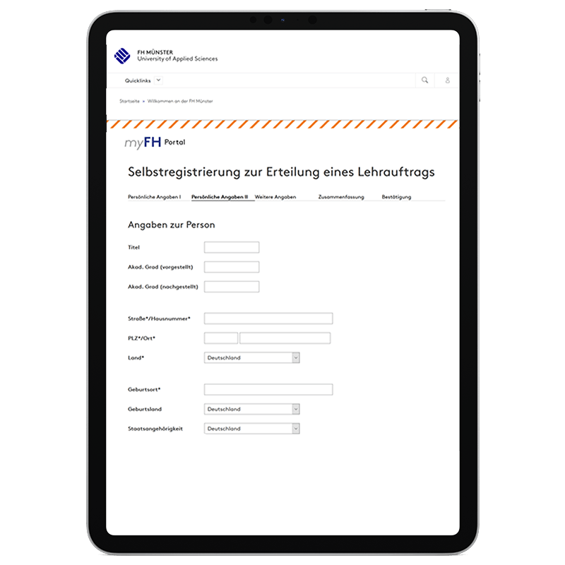 Formular Selbstregistrierung zur Erteilung eines Lehrauftrags auf einem Tablet