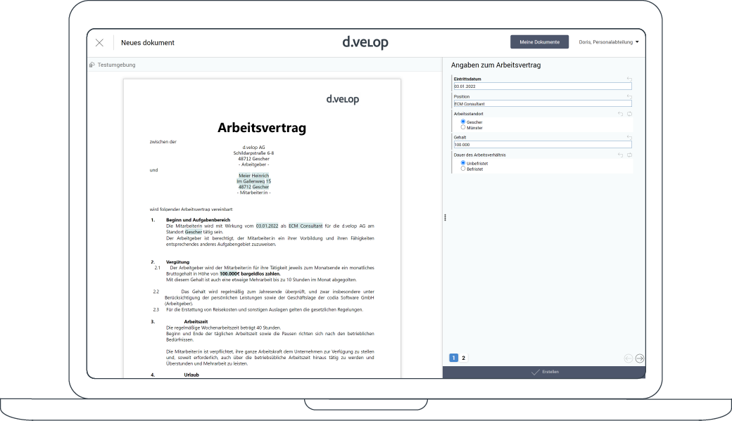 Screenshot aus dem Vorlagenmanagement am Beispiel eines Arbeitsvertrags
