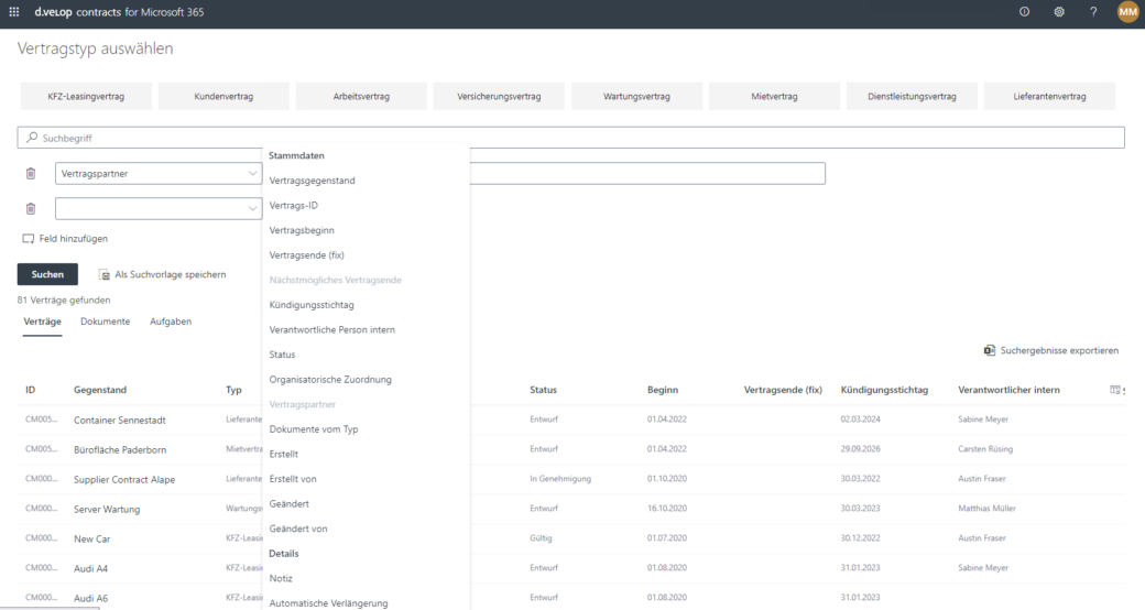 Screenshot Vertragsmanagement Software Feature Erweiterte Suche