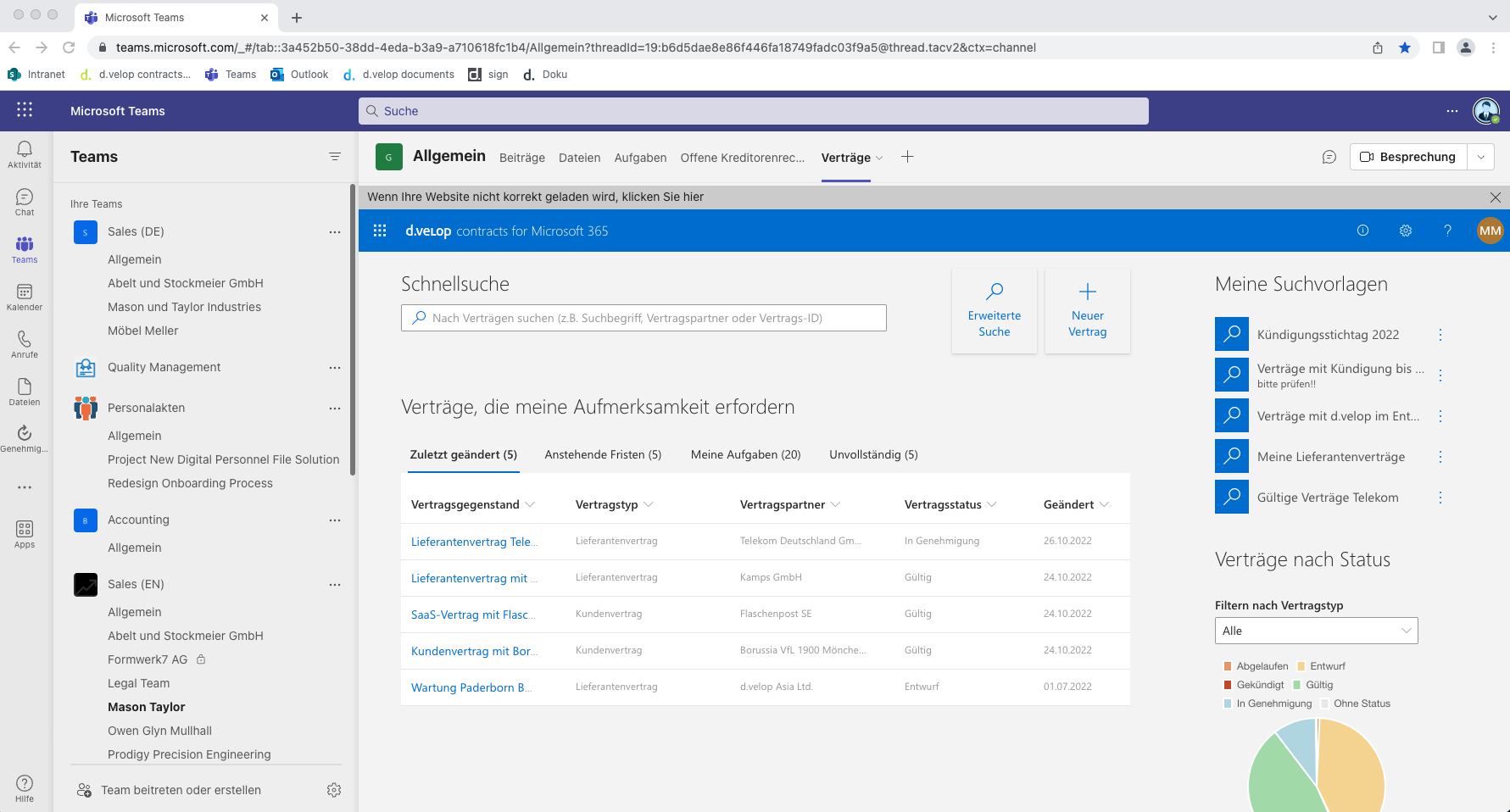 Software Oberfläche d.velop contracts for M365 Microsoft Teams Ansicht