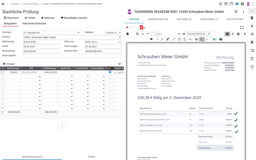 d.velop invoices Oberfläche