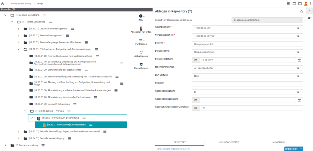 Software Oberfläche eAkte Aktenplan Ablage: Auf Knopfdruck lassen sich neue Akten in dem etablierten Aktenplan erstellen.