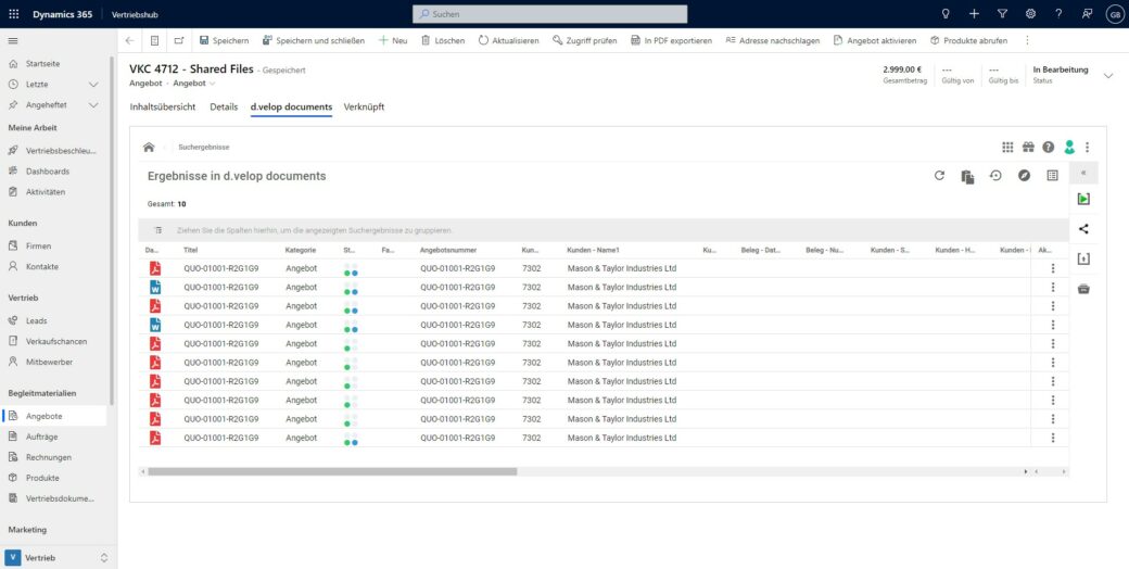 Oberfläche Dokumentenmanagement Dynamics 365 Sales 