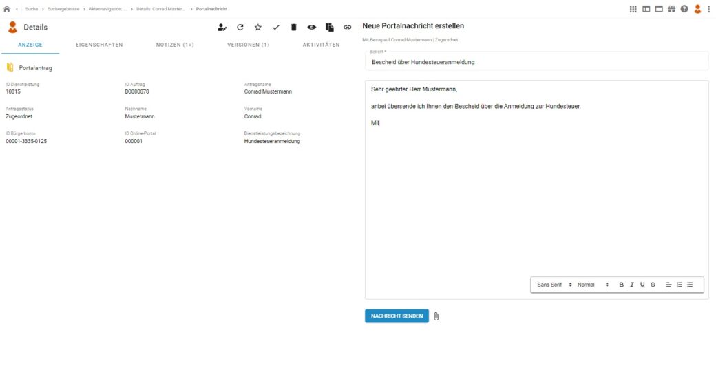 Softwareoberfläche OZG Portalanbindung Nachricht