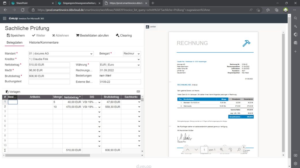 Software Oberfläche SharePoint Rechnungsworkflow d.velop invoices for M365
