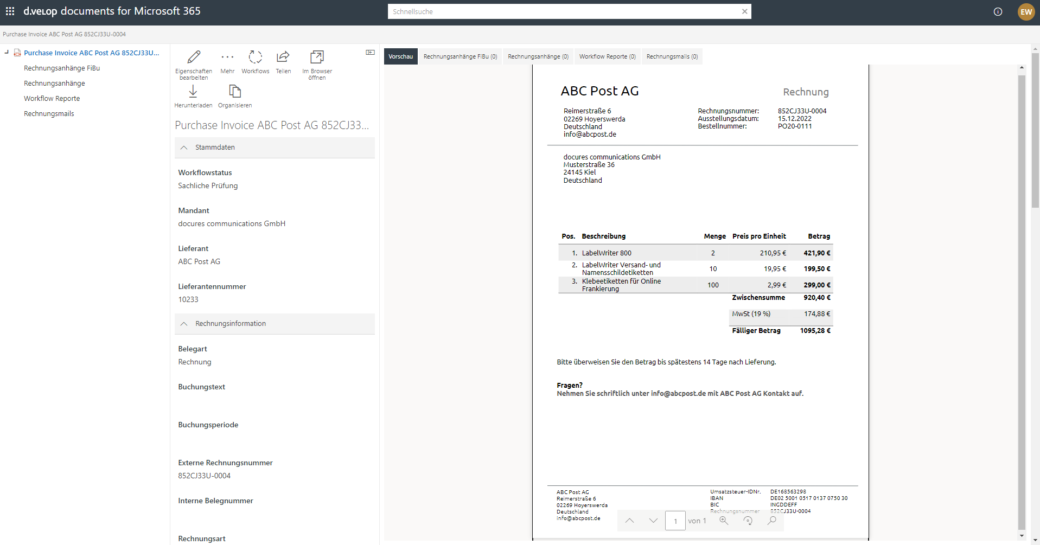 Software Ansicht d.velop invoices for M365 Archivierung