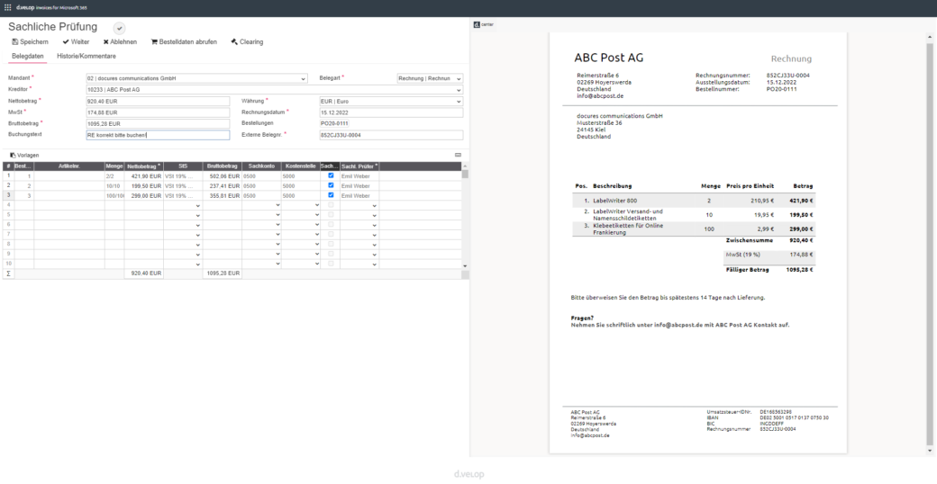 Software Ansicht d.velop invoices for M365 des Prüfprozesses