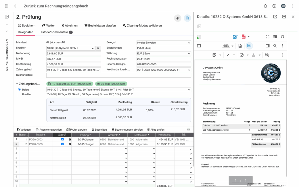 Software Ansicht d.velop invoices for M365 des Prüfprozesses