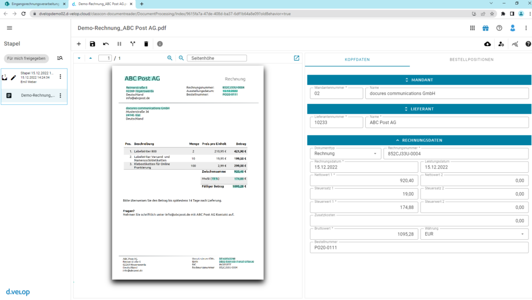 Software Ansicht d.velop invoices for M365 Rechnungen auslesen