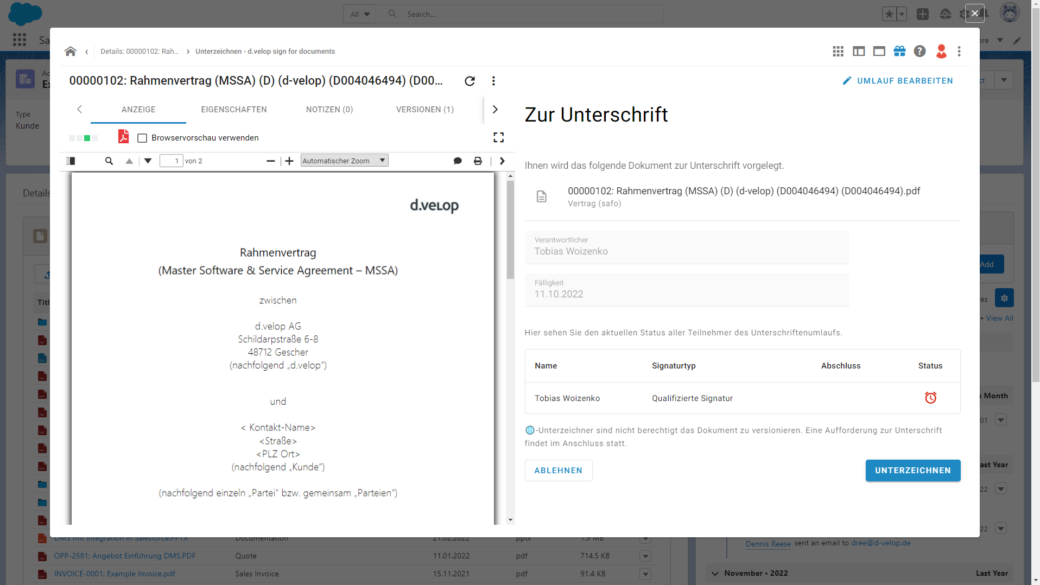 Screenshot der Integration von d.velop sign in das d.velop DMS für Salesforce