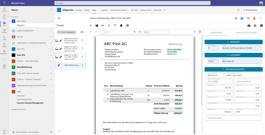 Software Ansicht d.velop invoices M365 in Teams