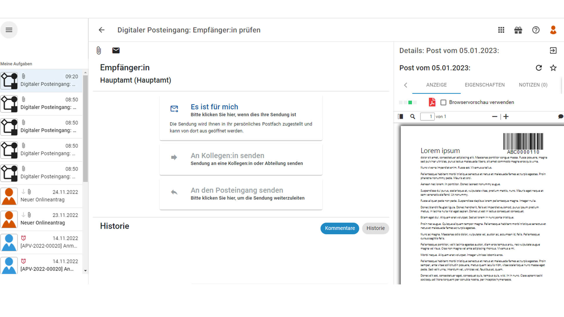 Software Einblick in die digitale Posteingangsbearbeitung