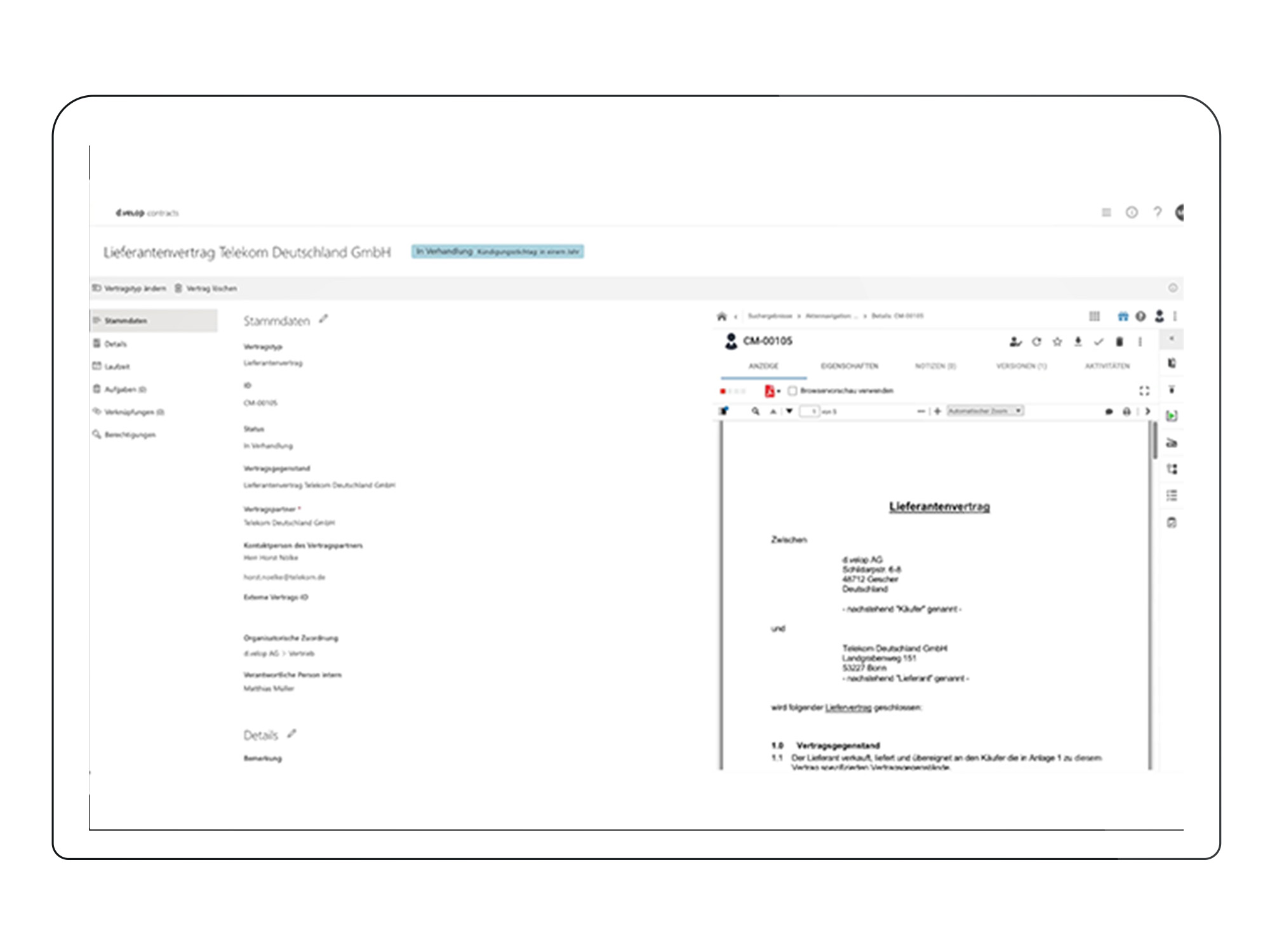 Screenshot mit Software-Einblick digitales Vertragsmanagement
