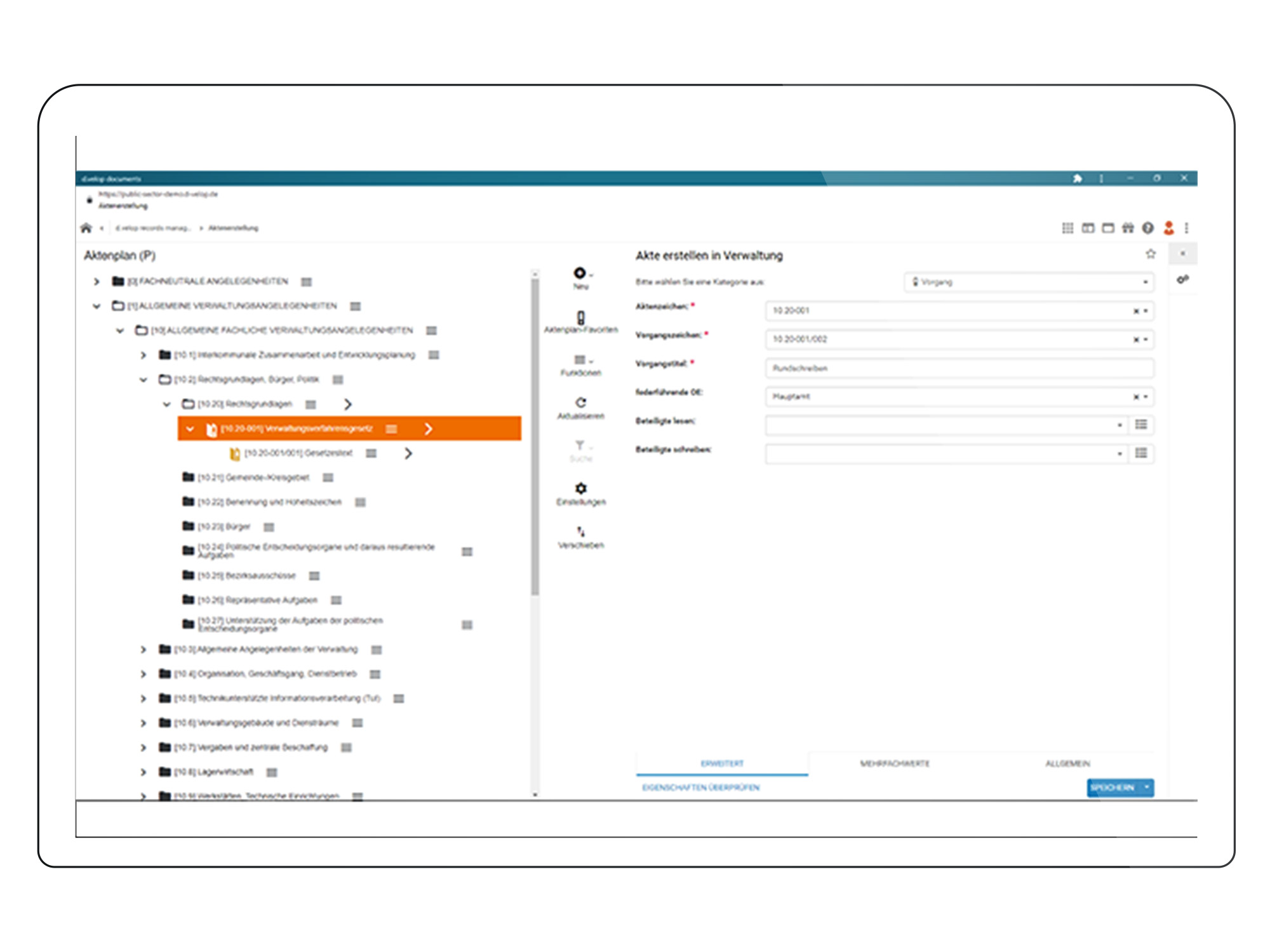 Screenshot mit Software-Einblick elektronische Schriftgutverwaltung mit Aktenplan