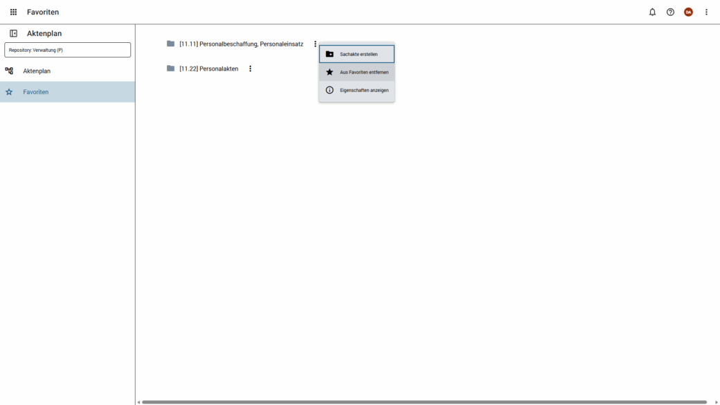 Akten sind über Favoriten im Aktenplan für die öffentliche Verwaltung griffbereit