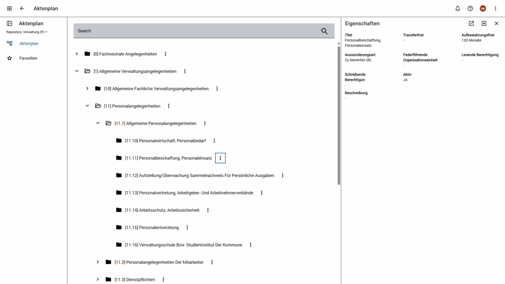 Screenshot aus Software: Aktenplan zur elektronischen Schriftgutverwaltung